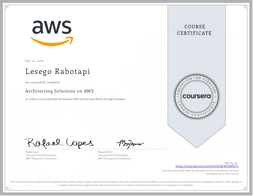 Architecting Solutions on AWS certificate