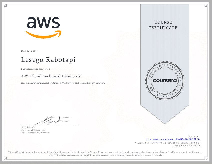 AWS Cloud Technical Essentials certificate
