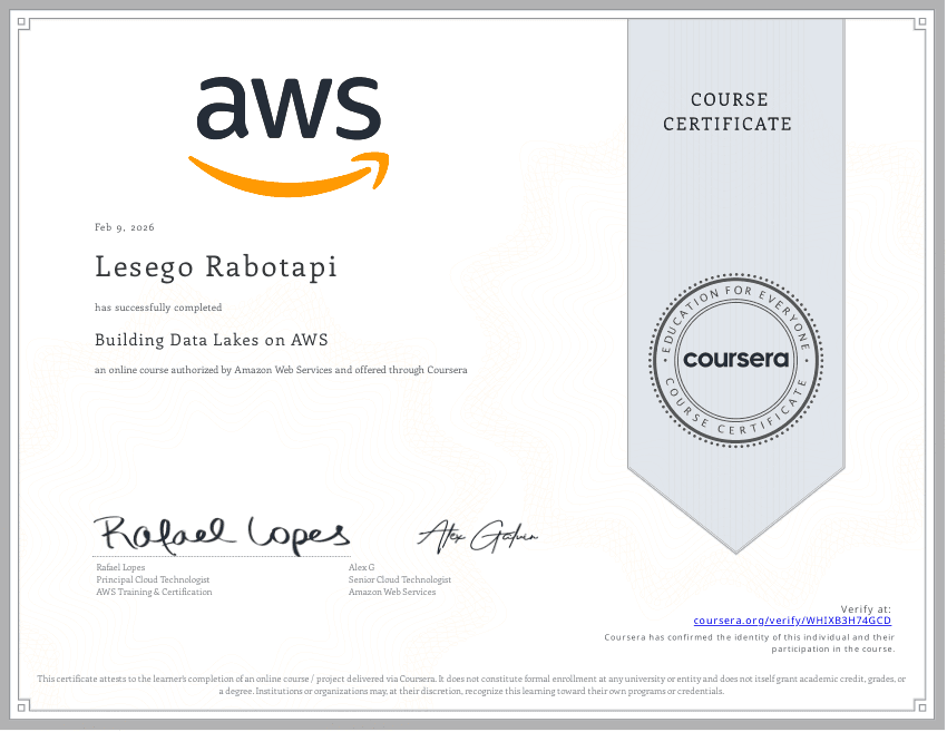 Building Data Lakes on AWS certificate